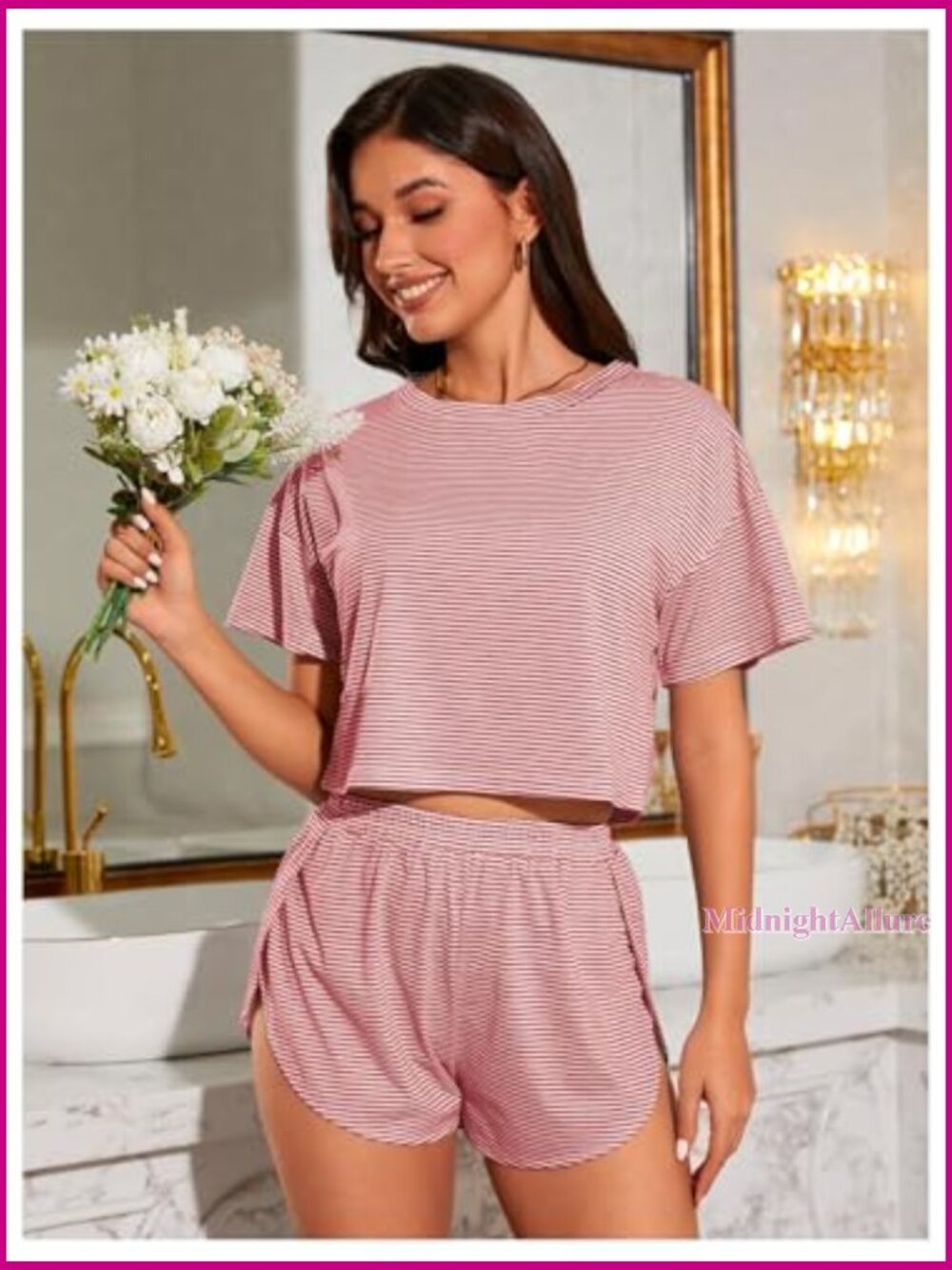 2 Pack Striped Short Sleeve Pajama Set with Split Shorts - Picture 4 of 6